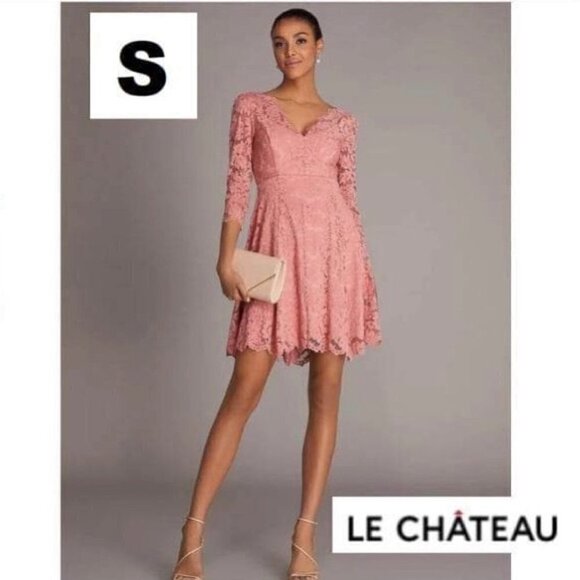 NWT-Le Chateau, Women’s Formal Scallop Lace Fit & Flare Mini Dress-Peach. Size:S - Picture 2 of 15